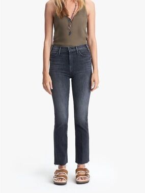 Mother The Hustler Ankle Fray Flare Jeans Black Night Owl Raw Hem 32